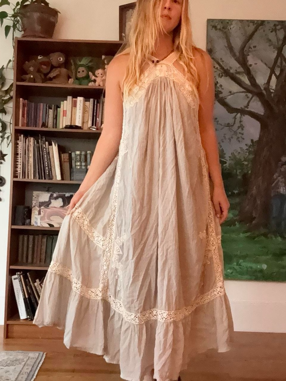 Free people blue & white boho maxi dress with crotchet trim - Picture 5 of 7